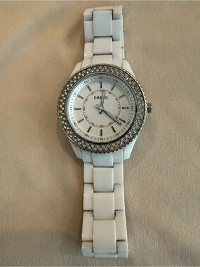 Fossil White Ceramic Watch with Crystal-Studded Silver Bezel